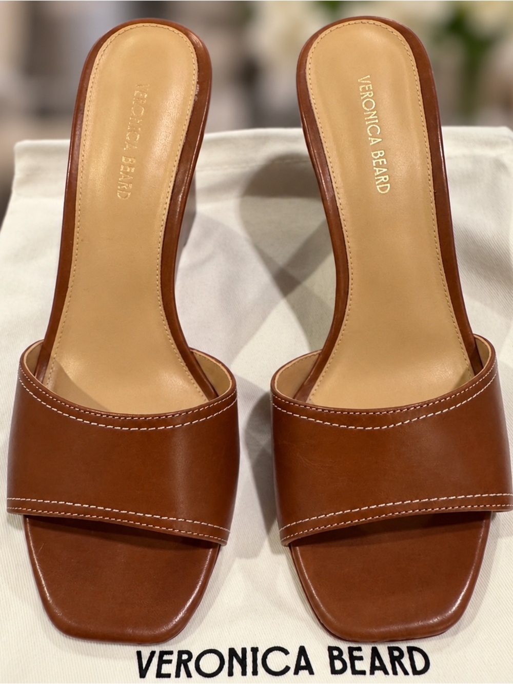Veronica Beard Ellen Caramel Leather Wedge Mule Sandals Size 8